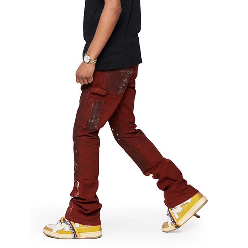 wholesale patch jeans paint splatter mens skinny jeans brown stacked jeans men flare