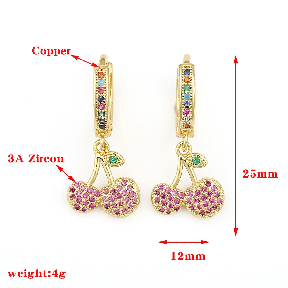 2021 New Hip Hop Jewelry 18k Gold Plated Dangle Earring Ice Out Cz Cubic Zirconia Colorful Cherry Drop Hoop