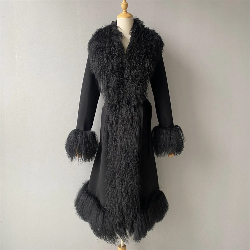 Wholesale Slim Trench Coat Long Style Luxury Real Mongolian Lamb Fur Collar Cuffs Winter Custom Logo Women Wool Solid Color Coat
