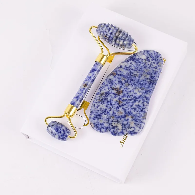 Blue Dot Stone Face Massage Roller Gouache Scraper Set Natural Gouache Stone Facial Jade Roller Massager Gua Sha Scraper Massage