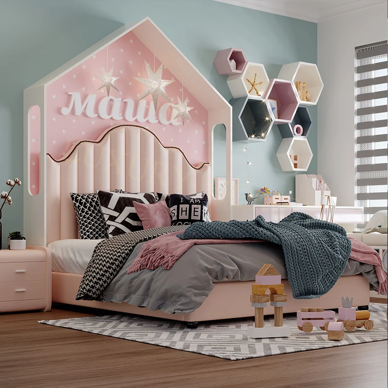 New Design Baby Bedroom Furniture figure shape Leather Bed Kids Double Bed Children size single double Leather  bed bedroom