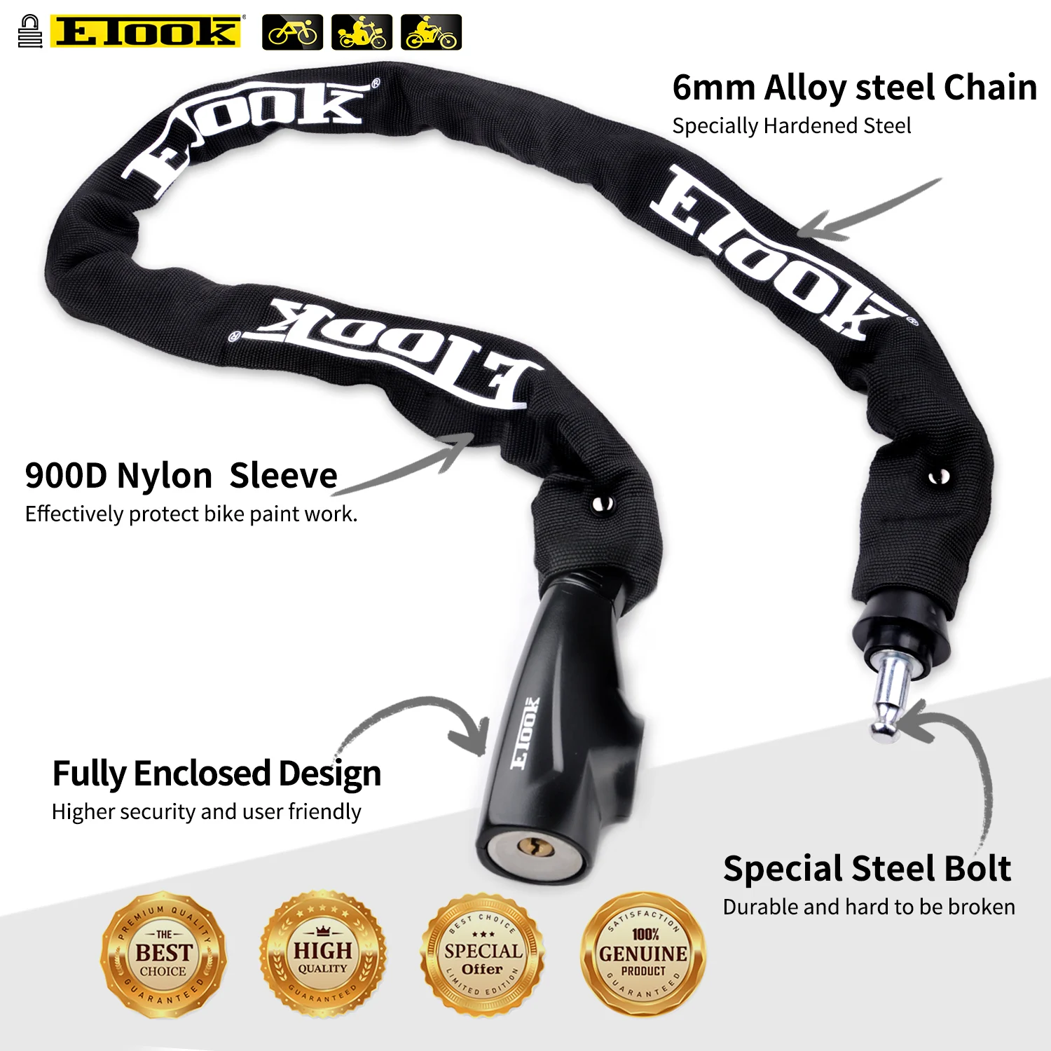 Bicycle Accessories Customized Chain Lock 6mm Thickness 1M Long Integrated Electric Bike Mountain Bike Frame Chain Lock