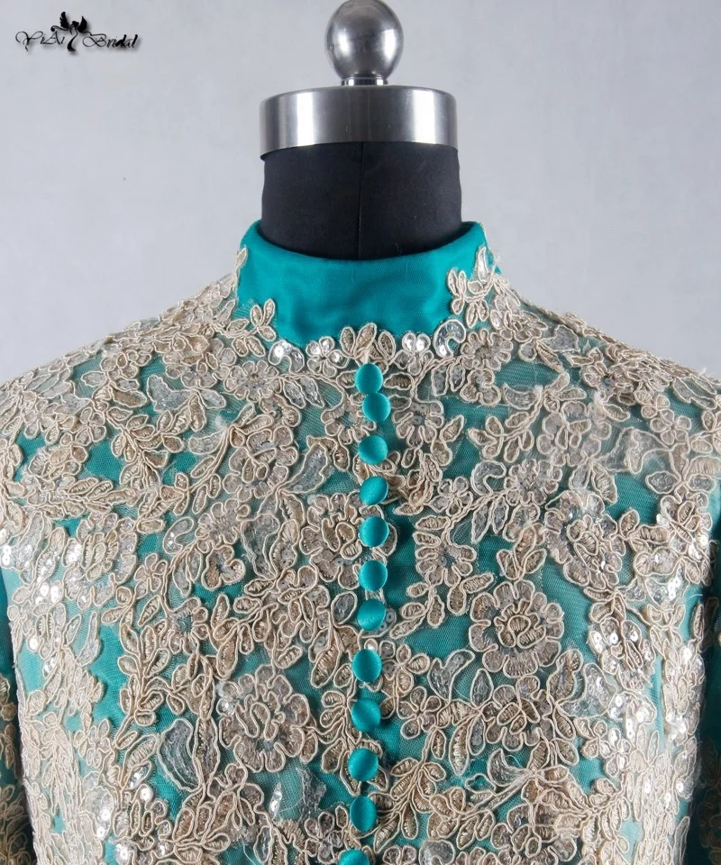RSE695 Elegant Muslim Long Dress Islamic Clothing Green And Gold High Neckline Indian & Pakistani Clothing
