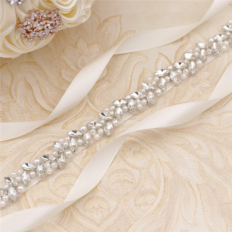 
Handmade Gold Crystal Pearl Rhinestone Wedding Belt Beaded Applique Iron on Satin Ribbon Wed Bride Belt 