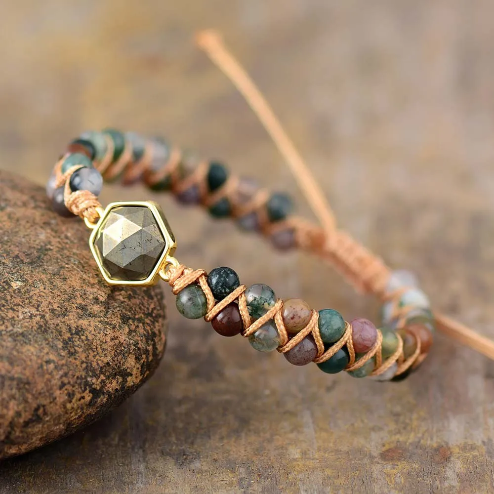 natural indian agate colorful beads with korean wax cord braided double slip knot with natural stone parts fashion hand jewelry