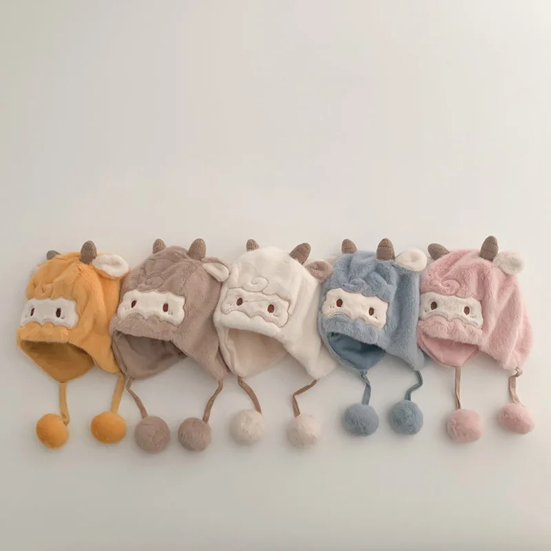 3M-2Y Lovely Cartoon Calf Protect Ear Pom Pom Snapback Cap For Boy And Girl Children Fuzzy Terry Warm Thermal Hats