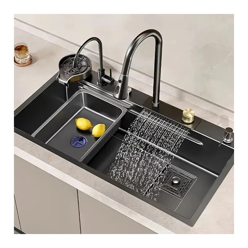 High End Kitchen Sinks One Piece Waterfall Faucet Stainless Steel Single Black Smart Kitchen Sink Sets