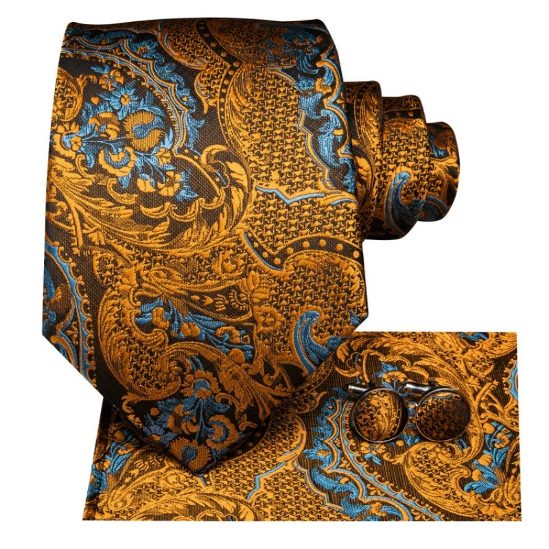 LELE Custom Design Luxury 100% Silk Ties Men Floral Black Gold Paisley Necktie Set For Men