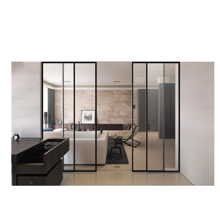 Topwindow Customized Tempered Glass Soft Closing Black Metal Narrow Frame Sliding Door Interior Glass Door For Bedroom