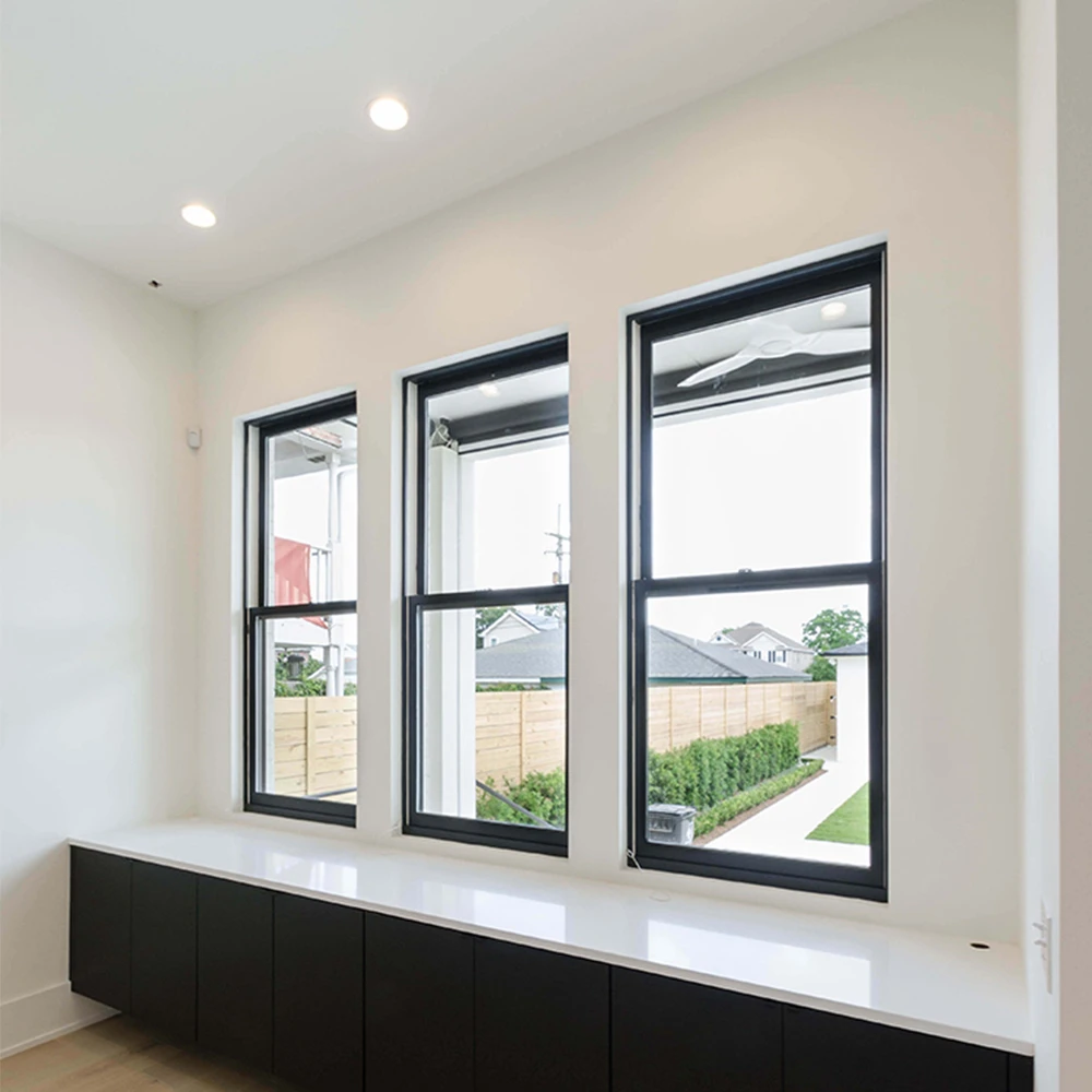 USA Style Villa Security Vertical Sliding Sash Tempered Glass Aluminium Aluminum Black Double Hung Windows