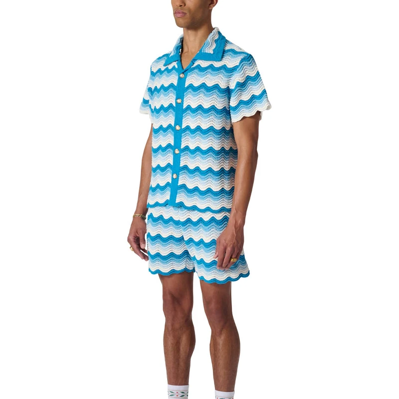 Fashion Logo custom men knitted top knitwear mesh hollow out polo knitwear summer knit t-shirt crochet shirt sweater