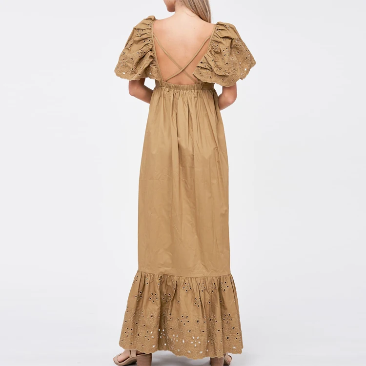 Flutter Sleeve Poplin Maxi Dress Eyelet Detail Ladies Fashion Cotton V-neck Vacation Casual Dresses