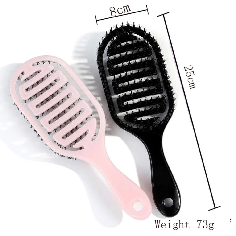 Private Label  Boar Bristle Curved Vented Styling Hair Brush Detangling Plastic Handle Salon Ribs Brush