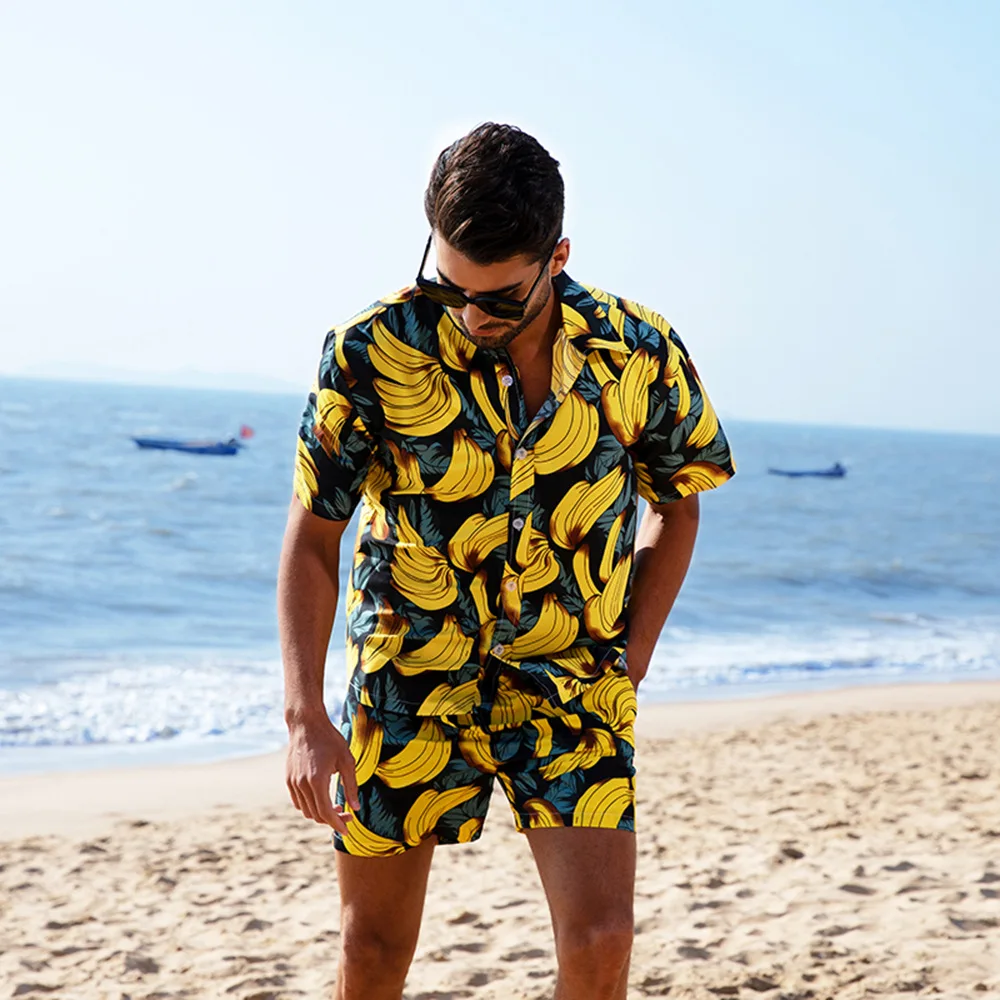 Full Printed Summer Shirt Sets Hawaii Beach Shirt Tracksuit Short Sleeve Two Pieces Board Sets Polyester Sport Casual Sets