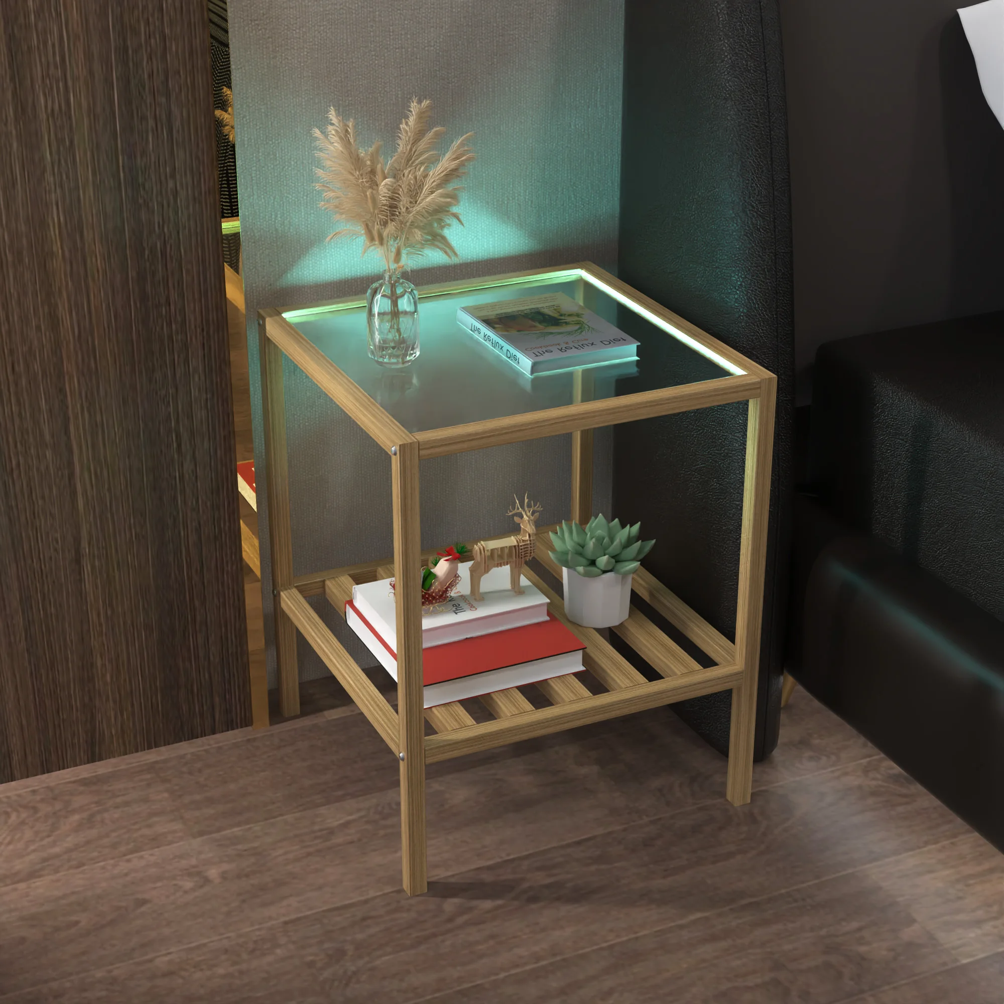 Industrial Style Bedroom Night Stand Smart Bedside Table With LED Light Metal Nightstand with Glass Top