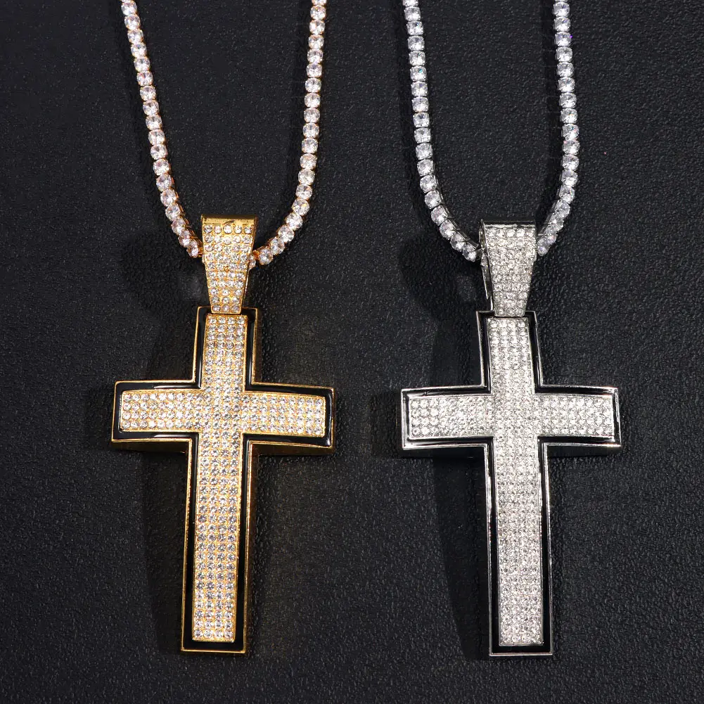13MM Cuban Chain Christian Cross Pendant Necklace Hip Hop Women Religious CZ Stone Enamel Cross Necklace
