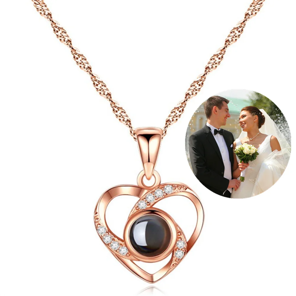S925 sterling silver slanted peach heart 100 languages I love you projection pendant necklace