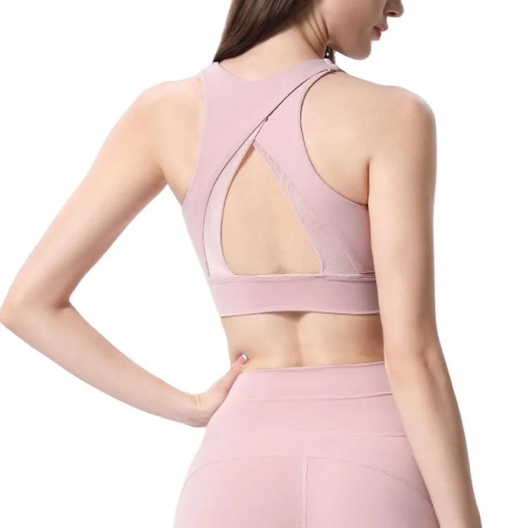 New Arrival Women Activewear Fitness Top Custom Sports Bra High Impact Meshed Cross Back Cut Out Nylon Sports Bra For Women