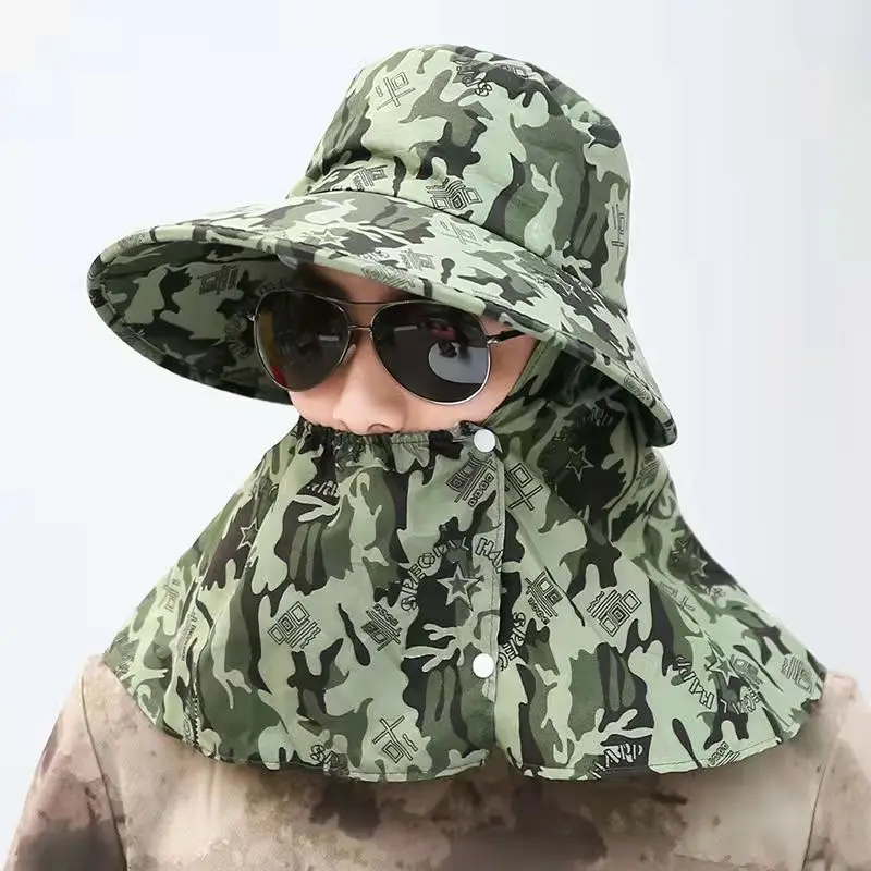QJC205 Men Camouflage Outdoor UPF50 Summer Sun Hat Wide Brim Rolling up Fishing Hat Neck Flap Bucket Hats
