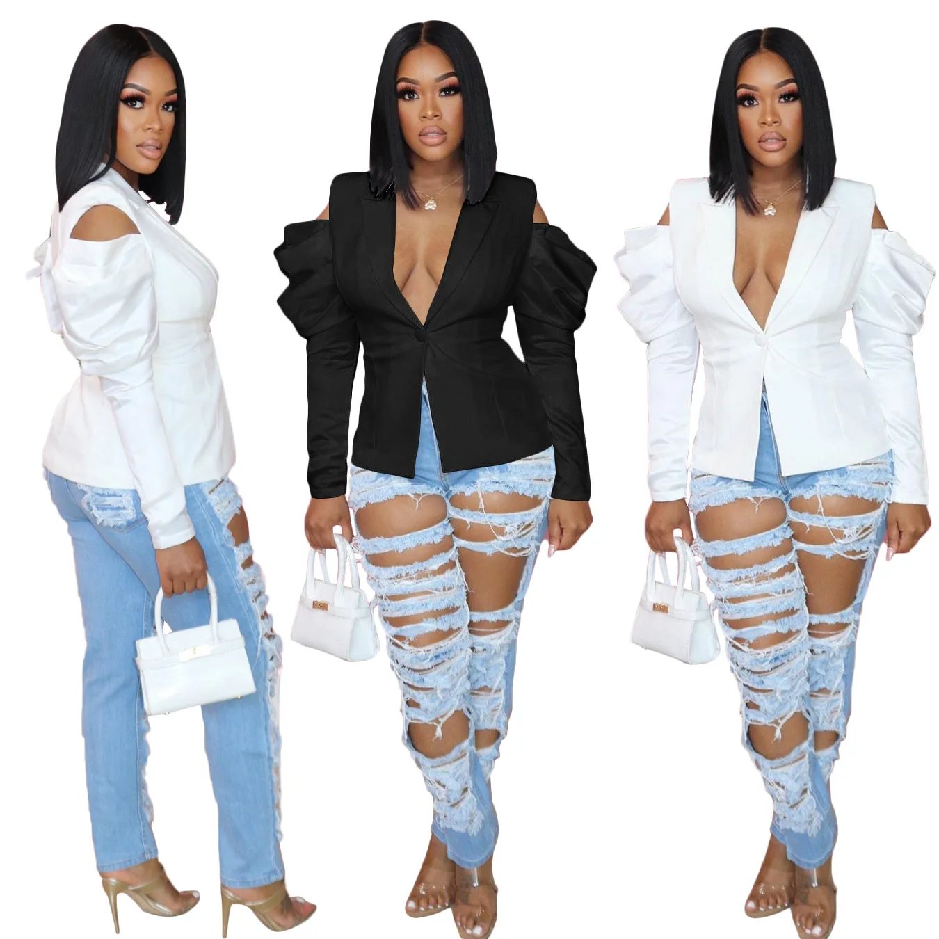 2021 autumn hollow out business suits-women white blazer deep v neck puff sleeve blazer femme
