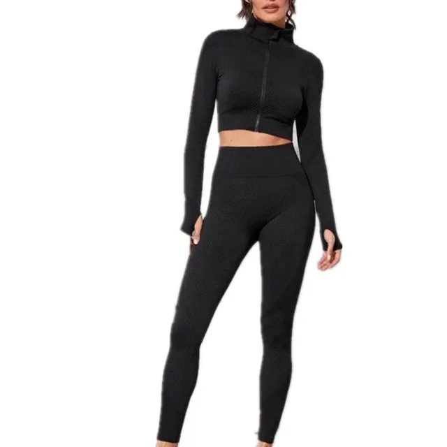 The new 2021 stylish black seamless thumb-hole funnel collar jacket with leggings tracksuit for women