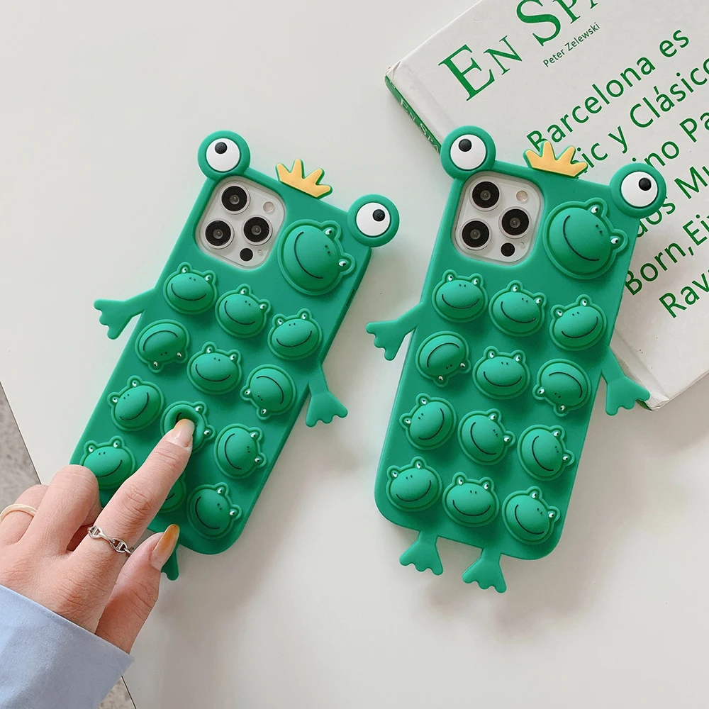 Novelty silicone 3d frog popit bubble sensory toy push poping case for iphone 6/7/8/X/11/12 series cover decompression toy