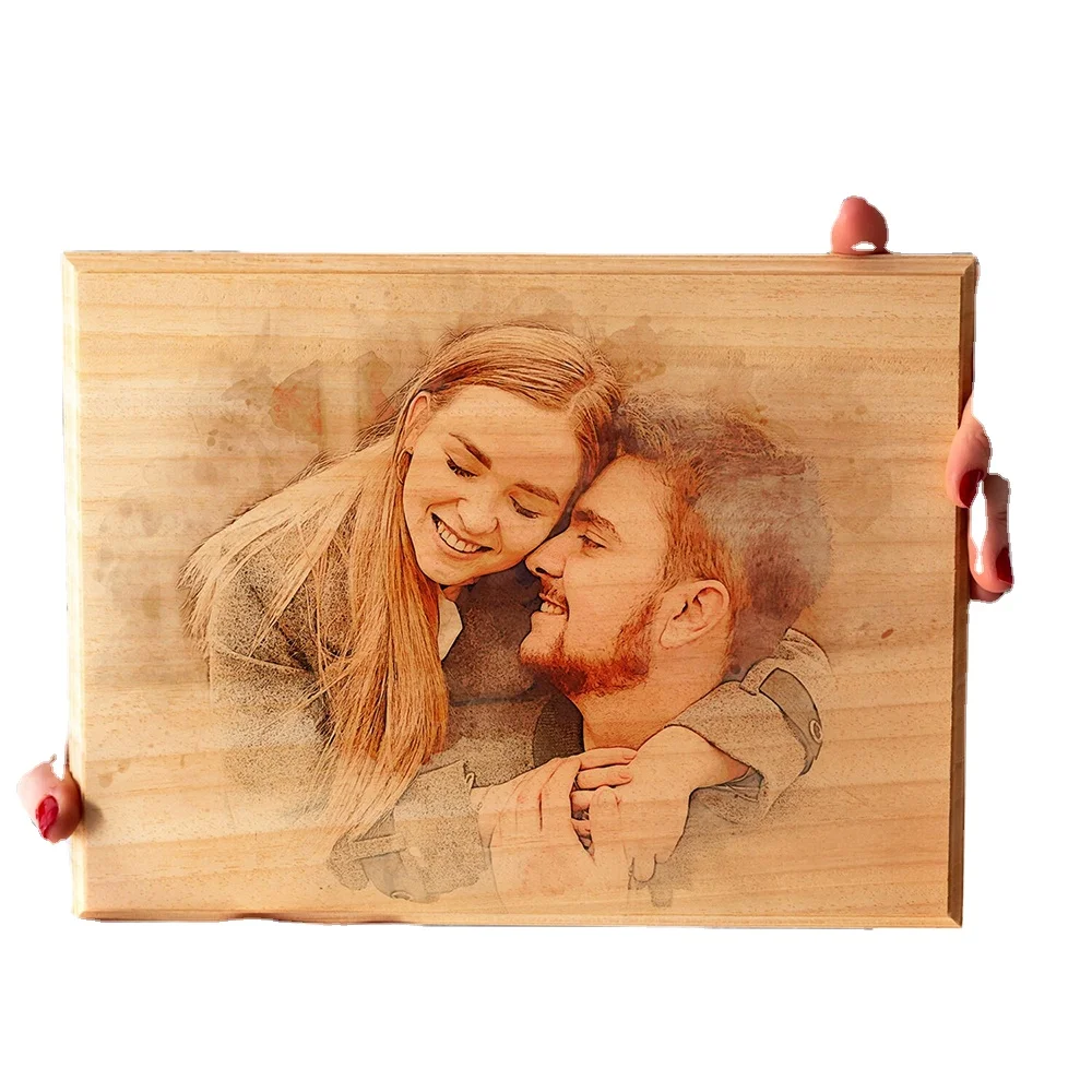 Custom Photo on Wood Engraved Photo on Wood with Watercolor Style Wall Art Portrait from Photo as Long Distance Gift