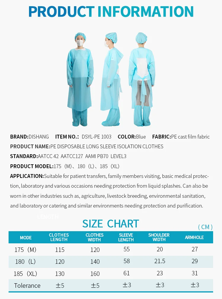 Level 2 PE Polyethylene Gown Work Shirt Coveralls Disposable Isolation Gowns PPE Clothes