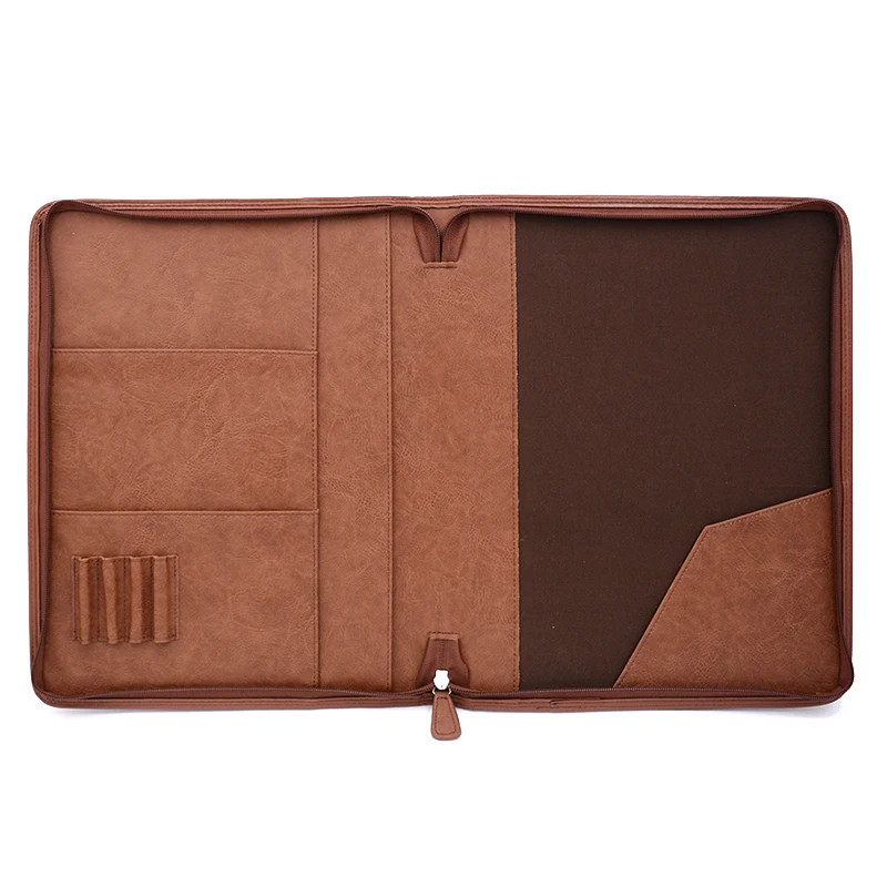 High End Leather File Folder Organizer Custom PU Business Document Zippered Bag Portfolio With Letter-Size Notepad