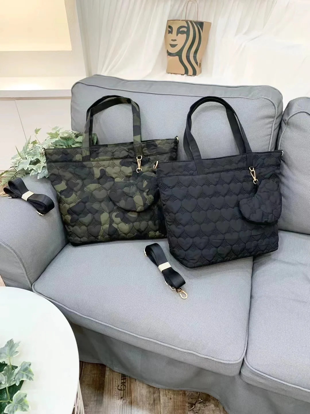 Hot selling classy Camo printing women Nylon tote bag large capacity fashion fabric shoulder bag with small pouch