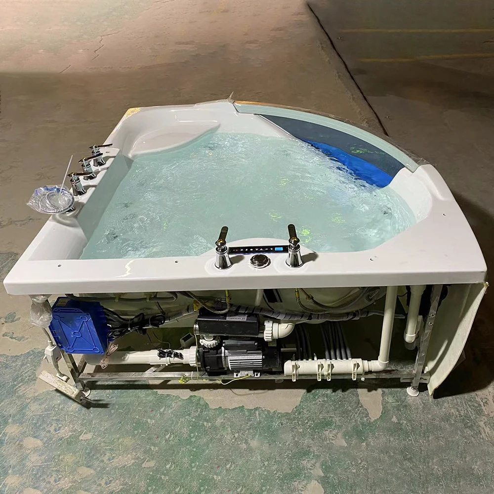 Low price 1500mm 2 sided skirt clear glass acrylic hydraulic massage bathtub whirlpool