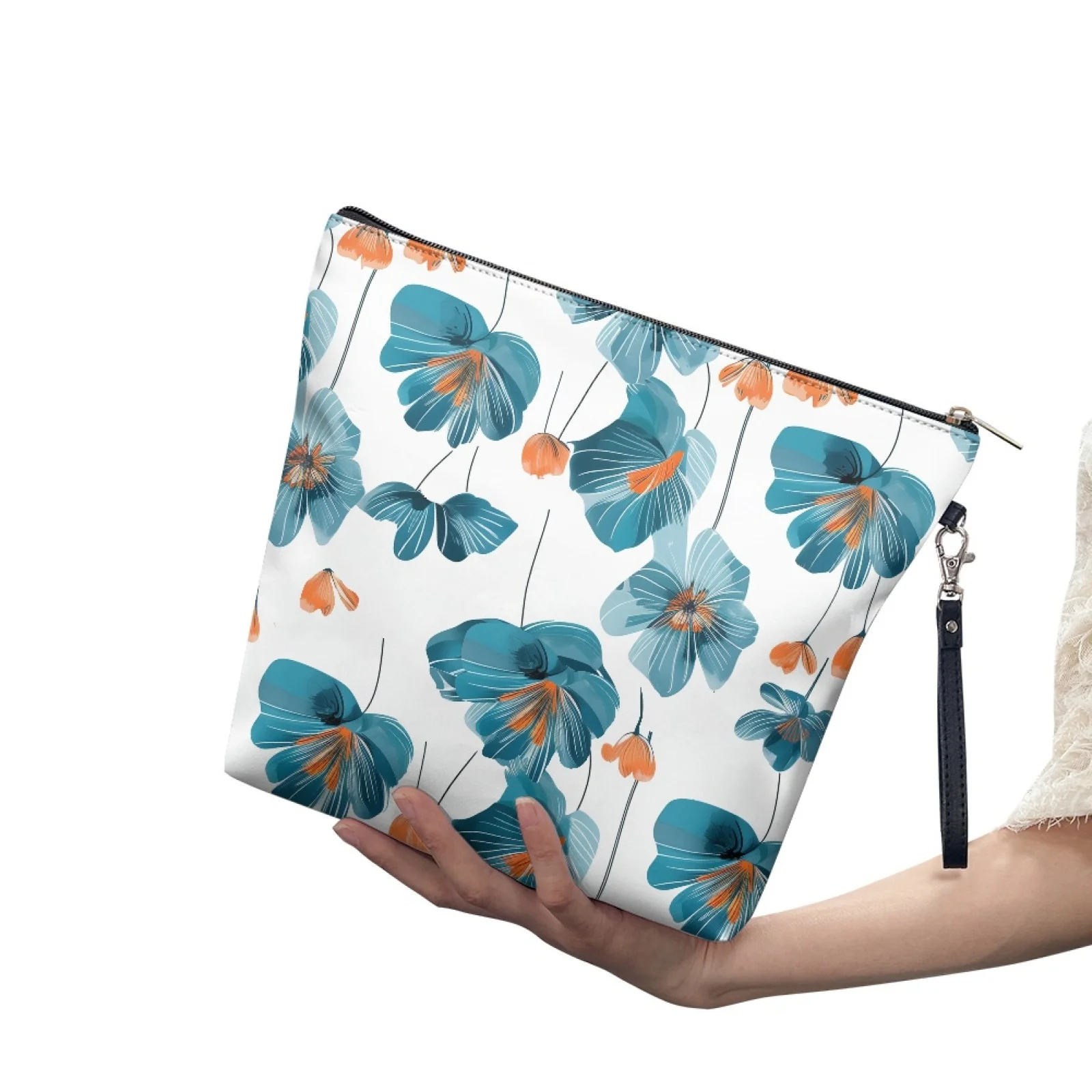 Hot Selling Flower Printed Waterproof Travel Toiletry Bag Large Capacity White Blue Floral Cosmetic Bag Leather Makeup Bag Pouch