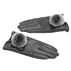 black and pink color women winter gloves fashion touch screen PU rabbit fur warm gloves