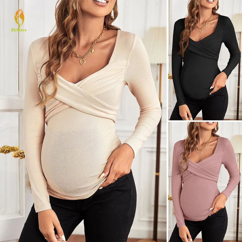 Maternity Long Sleeve Fitted Cotton Soft Pregnancy Shirts Maternity Clothes Pregnant Tops Womens Clothing