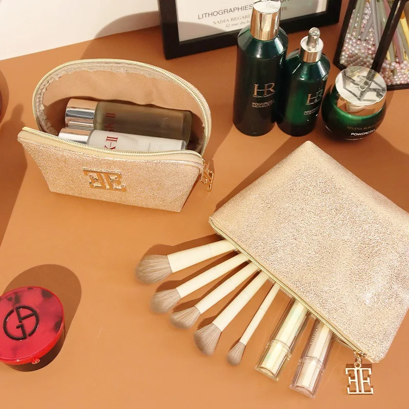 Personalized Logo Gold Shiny Vegan Leather Cosmetic Bag Portable Travel Makeup Zipper Pouch Designer  Makeup Brush Bag for Women