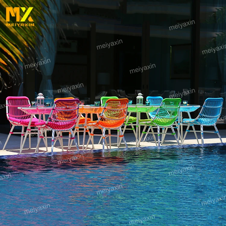 MX Leisure outdoor garden decor plastic blue rattan backyard dining furniture set