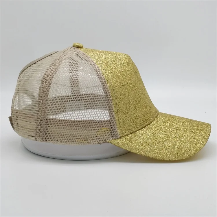 Fashion Custom Blank Performance Bling 5 Panel Ponytail Baseball Cap Mesh Gold Sequin Trucker Hat For Woman