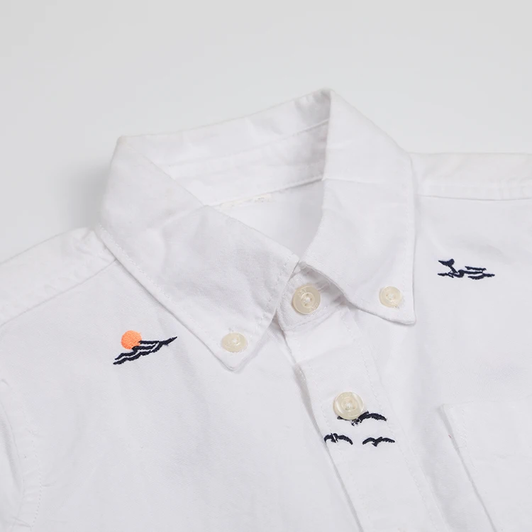 
High quality trendy summer short sleeve 100% cotton woven white kid boy shirt with cute printing 
