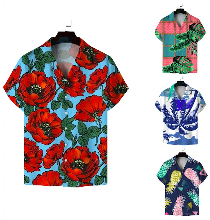 Beach Summer  Hawaii Custom Printing For Men Short Sleeve Turn-down Collar Printed Shirts Outdoor Striped Blouse