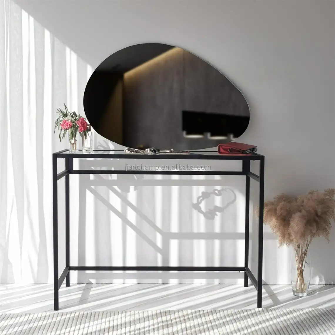 black long small metal black vanity wall mirror with shelf and hanger