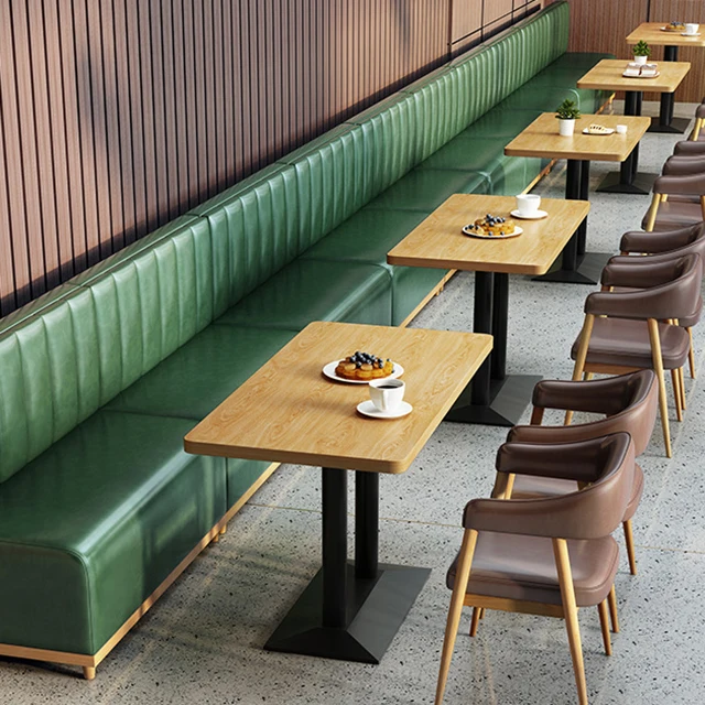 High quality fast food restaurant leather modern solid wooden dinner table with chairs