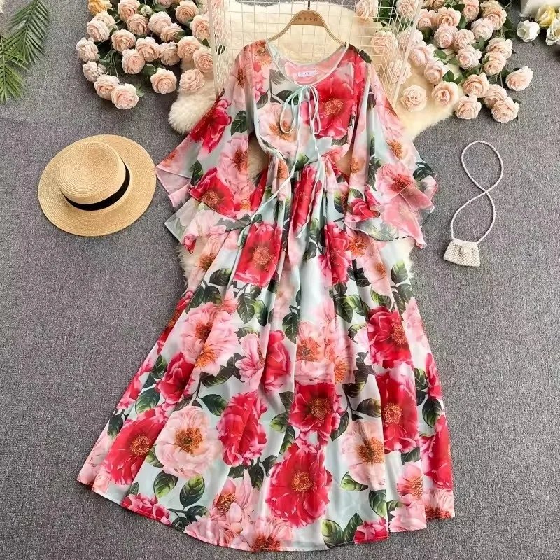 Manufacturers wholesale 2024 Fashion Slim Summer New fringe Lace dress Ladies Fluffy short sleeve elegant dress