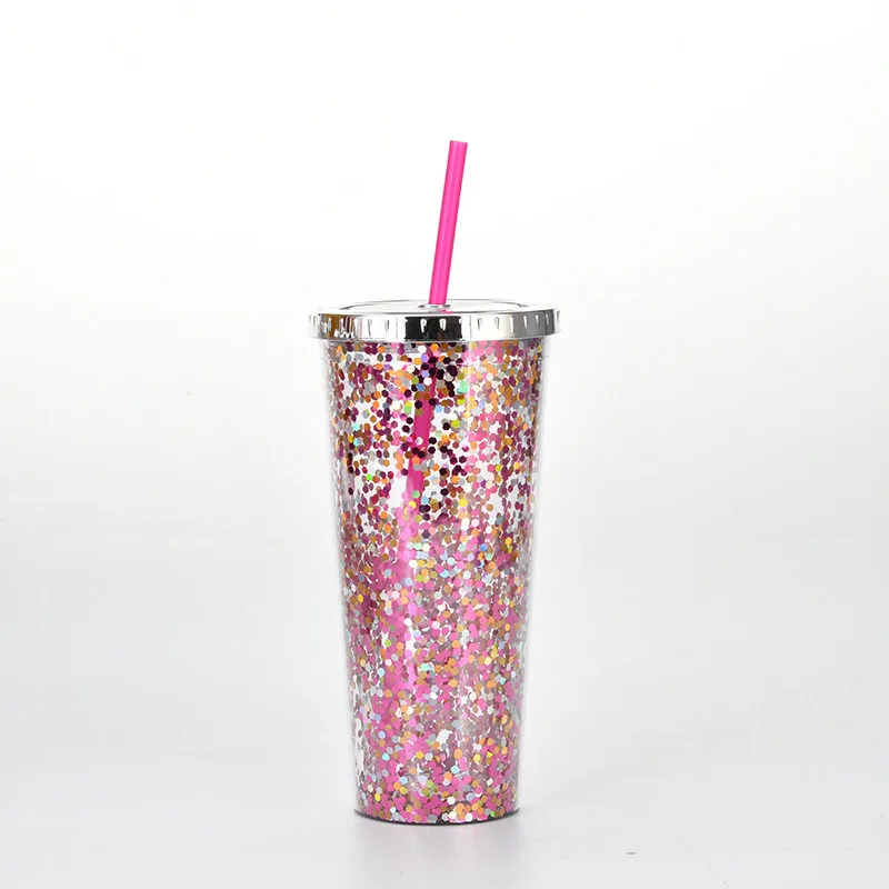 Wholesale 24oz Custom Eco Acrylic Plastic Shimmer Drink Tumblers with Straw Double Wall Glitter Wine Coffee Tumbler Cups in Bulk