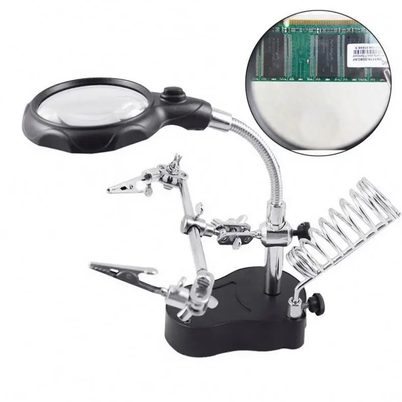 
Soldering Iron Stand Adjustable Helping Hand LED Magnifier Dual Alligator Clips and 360 Degree Swivel 