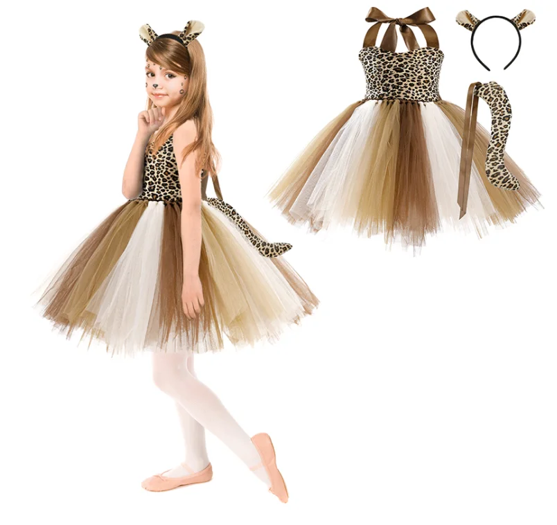 Halloween Jungle Party Animal Costume for Girls 1-10 Years Giraffe Black Cat Leopard Tiger Safari Birthday Dress Tutu