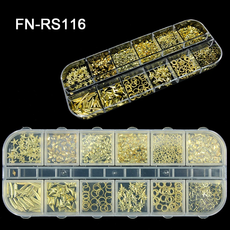 wholesale stock boxes gold 12 designs 3D Metal nail art decoration kit accessories for Beauty Charms Rivet