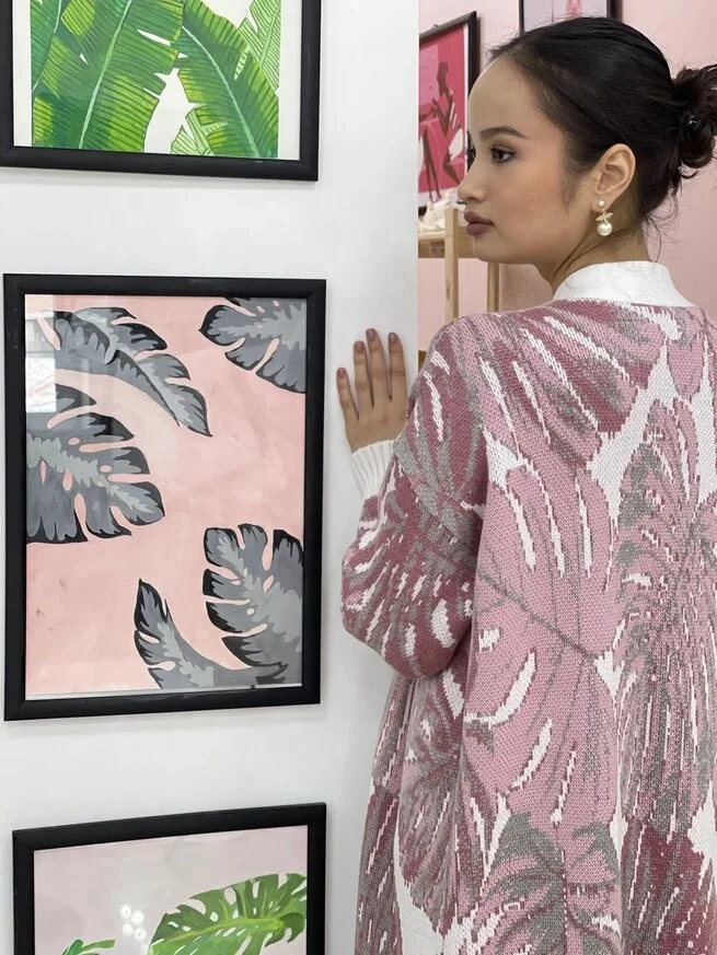 Женский длинный вязаный кардиган Monsterra, розовая одежда, 2021