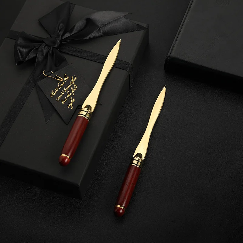 No Mini Orders Eco-friendly Wood Paper Knife Natural Redwood Bespoke Envelope Opener Custom Gold Trims Wooden Letter Opener