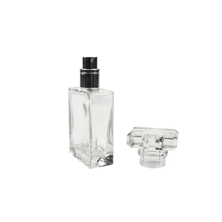 Luxury empty flat  square transparent perfume atomizer mist 30ml 50ml 100ml glass perfume spray bottle