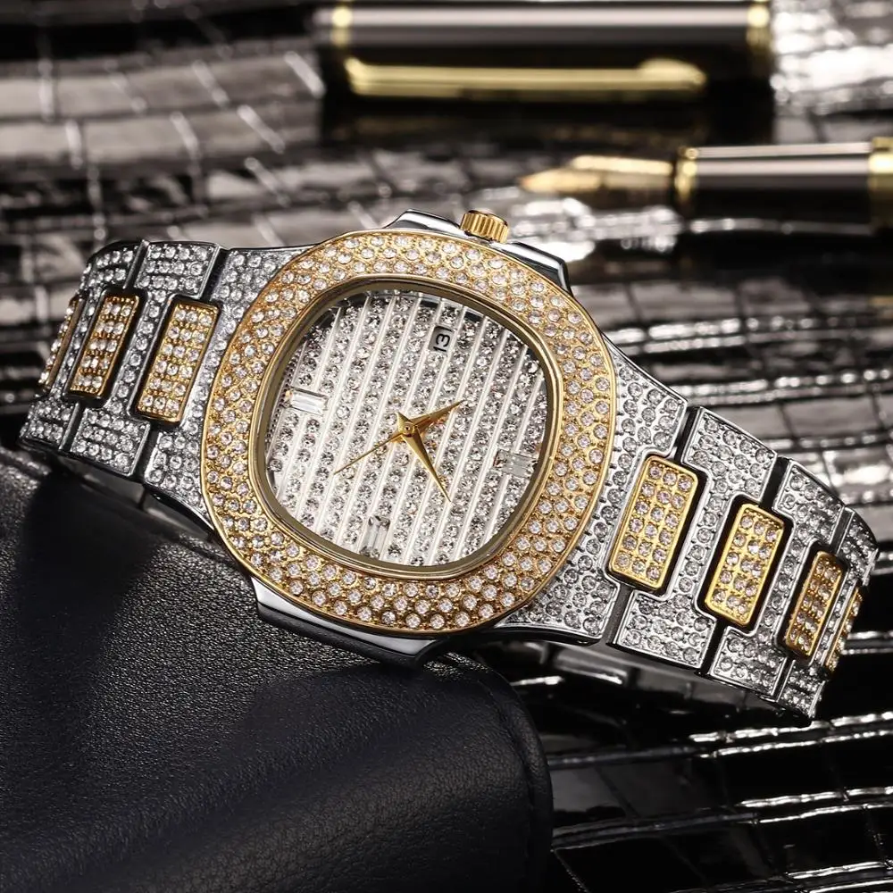 2020 г., оптовая продажа, сверкающие мужские часы золотого цвета в стиле хип-хоп